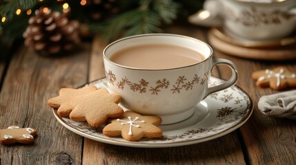 Fototapeta premium A warm cup of tea with gingerbread cookies on a cozy table setting.