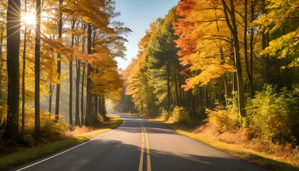 Fototapeta premium A picturesque driveway lined with vibrant autumn trees, their golden and red leaves gently falling to the ground, creating a warm and cozy atmosphere