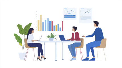 Collaborative coworking space with three professionals discussing data analysis
