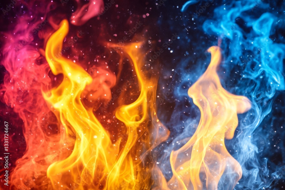 Poster colorful flames in dynamic motion with vibrant blue and orange hues illuminating the dark background