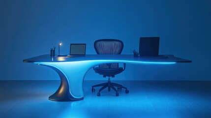 Fototapeta premium Futuristic Office Desk, Blue Light, Modern Workspace