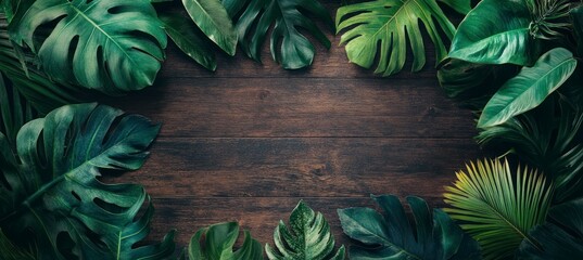 Tropical Green Leaves Frame on Dark Wood for Natural Background
