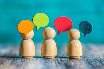 Wooden figures engaged in conversation with colorful speech bubbles representing dialogue and communication