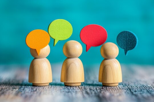 Wooden figures engaged in conversation with colorful speech bubbles representing dialogue and communication