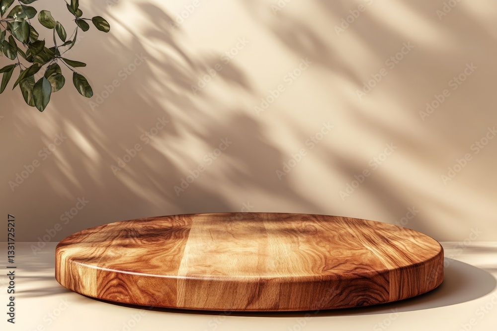 Poster Elegant wooden display platform with natural shadows in a minimalist setting