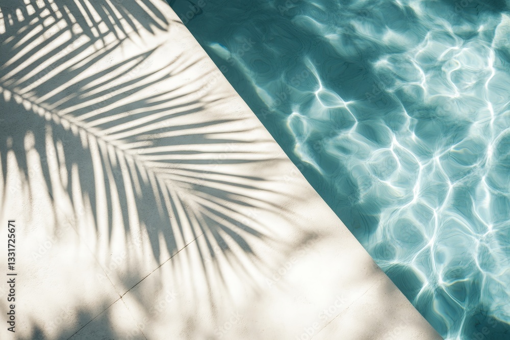 Poster Sunny afternoon by the tranquil poolside with palm shadows creating a serene atmosphere