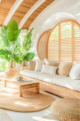 Modern, minimalist, light-filled living room with natural wood accents and lush greenery