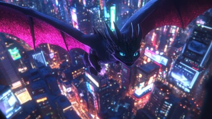 Dragon Soars Night City Skyline