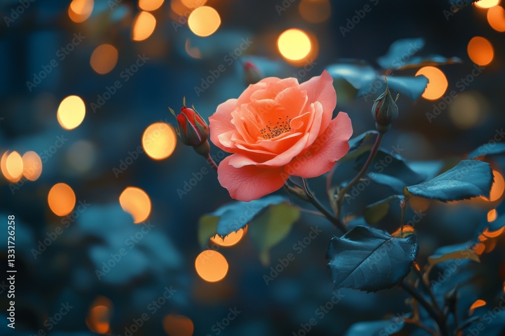 Aufkleber beautiful rose in soft evening light surrounded by sparkling bokeh effects at a garden
