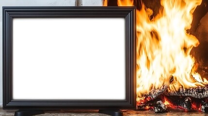 Fototapeta premium Frame near Fireplace, blank, burning, for family memories