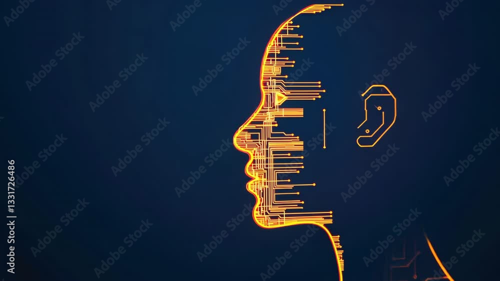 Poster digital illustration of human head silhouette with glowing circuit patterns symbolizing artificial i