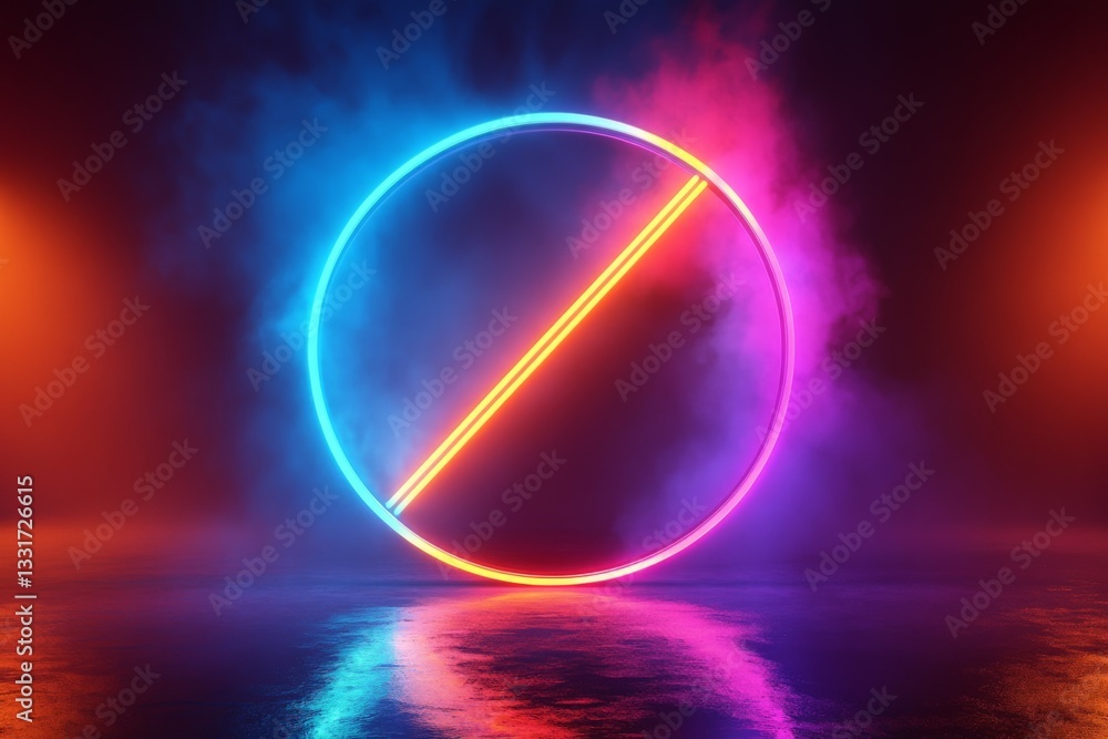 Fototapete neon circle with vibrant lights and fog creating an atmospheric ambiance in a dark setting