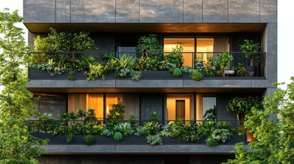 Fototapeta premium Modern apartment building with extensive green balconies. Spacious living spaces with natural light and lush vertical gardens