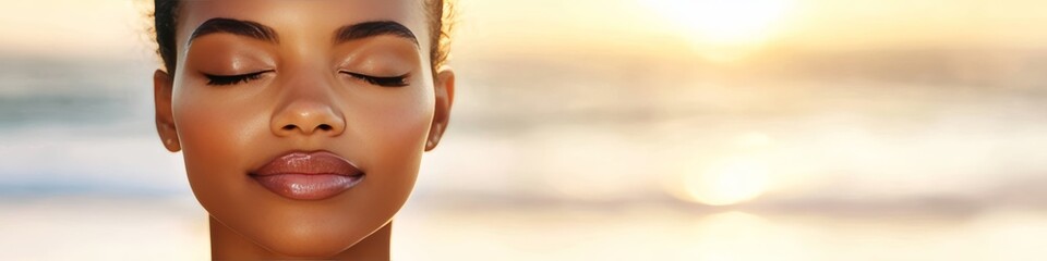 Golden Hour Tranquility Portrait of a Young Black Woman Finding Peace in the Sunset s Glow