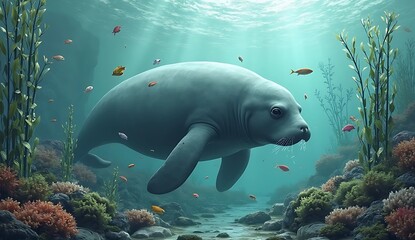 Naklejka premium Underwater scene of a Steller’s sea cow grazing on kelp in coastal waters