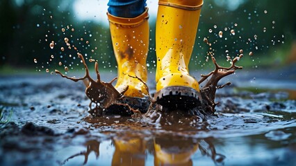 Close-Up of Colorful Rubber Boots in a Puddle Illustration for Jump in Muddy Puddles Day