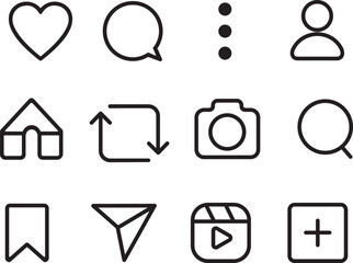 Minimalist social media icons set, including heart, chat, menu, profile, home, refresh, camera, search, bookmark, send, video, and add