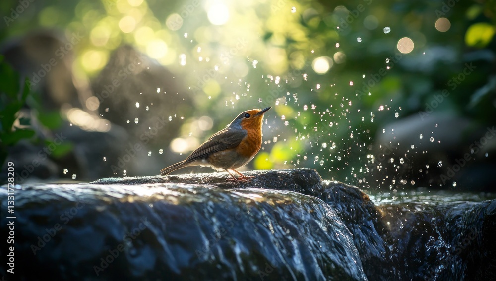 Poster robin resting on rock with water splashing in a natural environment