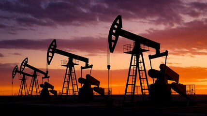 Silhouetted Oil Pumpjacks Operating Against a Vibrant Sunset Sky, oil pumpjack, oil drilling, crude oil extraction, petroleum industry, oil field