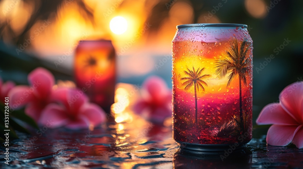 Poster a vibrant can adorned with palm trees captures the essence of a tropical sunset as water droplets gl