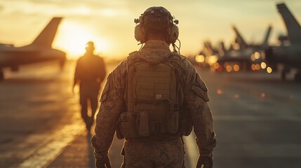 A service member walks on the tarmac with fighter jets in the background during sunset, highlighting commitment to the military and the aviation field.