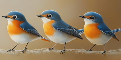 Fototapeta premium Three bluebirds calmly perched on branch against blurred beige background
