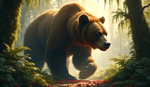 Giant short-faced bear foraging for berries in a dense forest, with sunlight filtering through the canopy