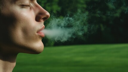 Young man exhales smoke, capturing serene moment amidst lush gre