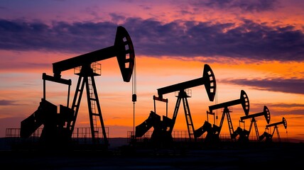 Silhouetted Oil Pumpjacks Operating Against a Vibrant Sunset Sky, oil pumpjack, oil drilling, crude oil extraction, petroleum industry, oil field