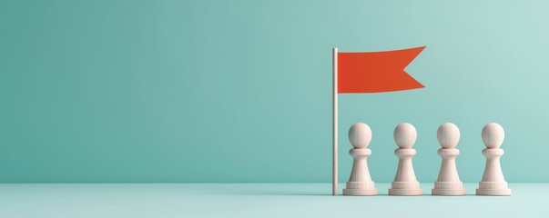 A minimalistic image featuring four pawn-like figures and a red flag, highlighting themes of leadership and competition.
