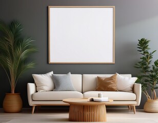 Generated image Poster frame mock-up in home interior background with sofa, table and decor in living room