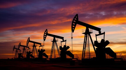 Silhouetted Oil Pumpjacks Operating Against a Vibrant Sunset Sky, oil pumpjack, oil drilling, crude oil extraction, petroleum industry, oil field