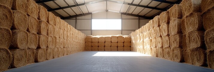 Stacks of Hay Bales Neatly Arranged in a Well-lit Barn, Rural Scene Depicting Agricultural Storage.