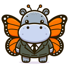 Obraz premium Business hippo with butterfly wings wearing suit and tie. Vector illustration for transformation, career growth and professional development concepts.