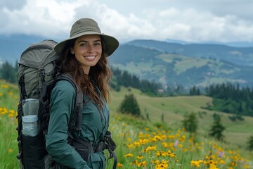 A female hiker standing in a mountainous landscape with her backpack and hat