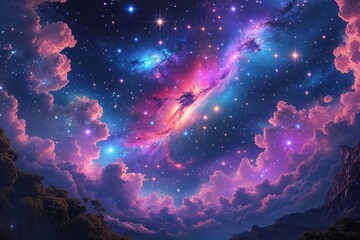 Astral Wonderland: Vibrant Night Skies Populated with Stars, Galaxies, and Neon Nebulae