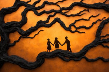 Silhouetted figures hold hands against vivid orange backdrop, ev