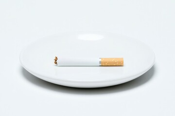 Minimalist presentation of cigarette on plate emphasizes stark c