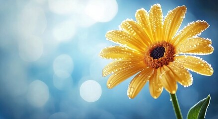 Yellow Daisy Flower with Water Droplets Against a Bokeh Background