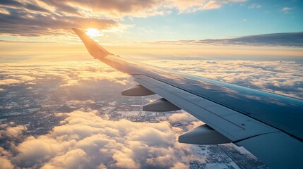 Obraz premium A photograph shows an airplane wing in a bright sky above clouds
