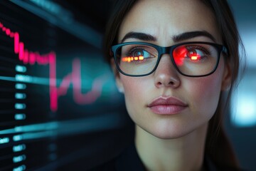 Focused woman with glasses analyzing data trends on digital scre