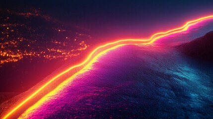 A luminous neon line curves across a textured abstract landscape