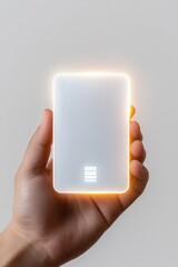 Hand holding sleek portable charger illuminated with soft glow,