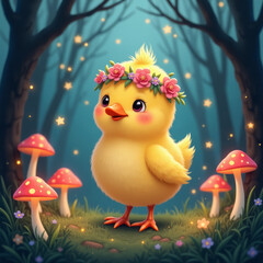 Charming Easter chick with a flower wreath on its head celebrates spring in a magical forest  