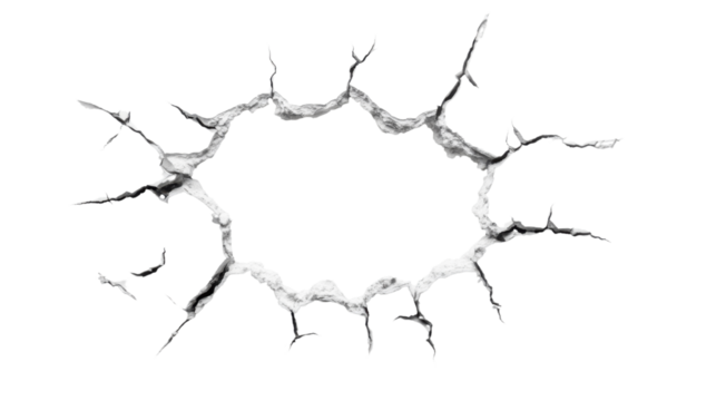 Hole with cracked jagged edges isolated on white background