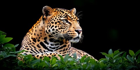 Naklejka premium Alert Leopard Gazing with Intensity on Black Background, Portrait of Majestic Wildlife