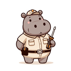 Fototapeta premium Safari guide hippo in khaki uniform with walking stick. Vector illustration for wildlife tours, expedition leadership and adventure tourism concepts.