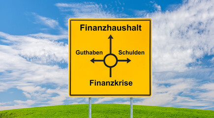 Auf einem Wegweiser zeigt der Weg von der Finanzkrise über Guthaben und Schulden zu einem...