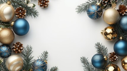 Elegant Christmas Background, Blue And Gold Baubles On White Backdrop In Flat Lay, Top View