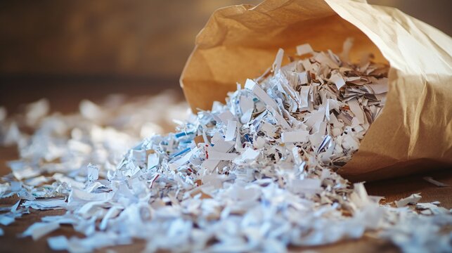 Shredded Paper Poured from Bag on Wooden Surface for Recycling Use